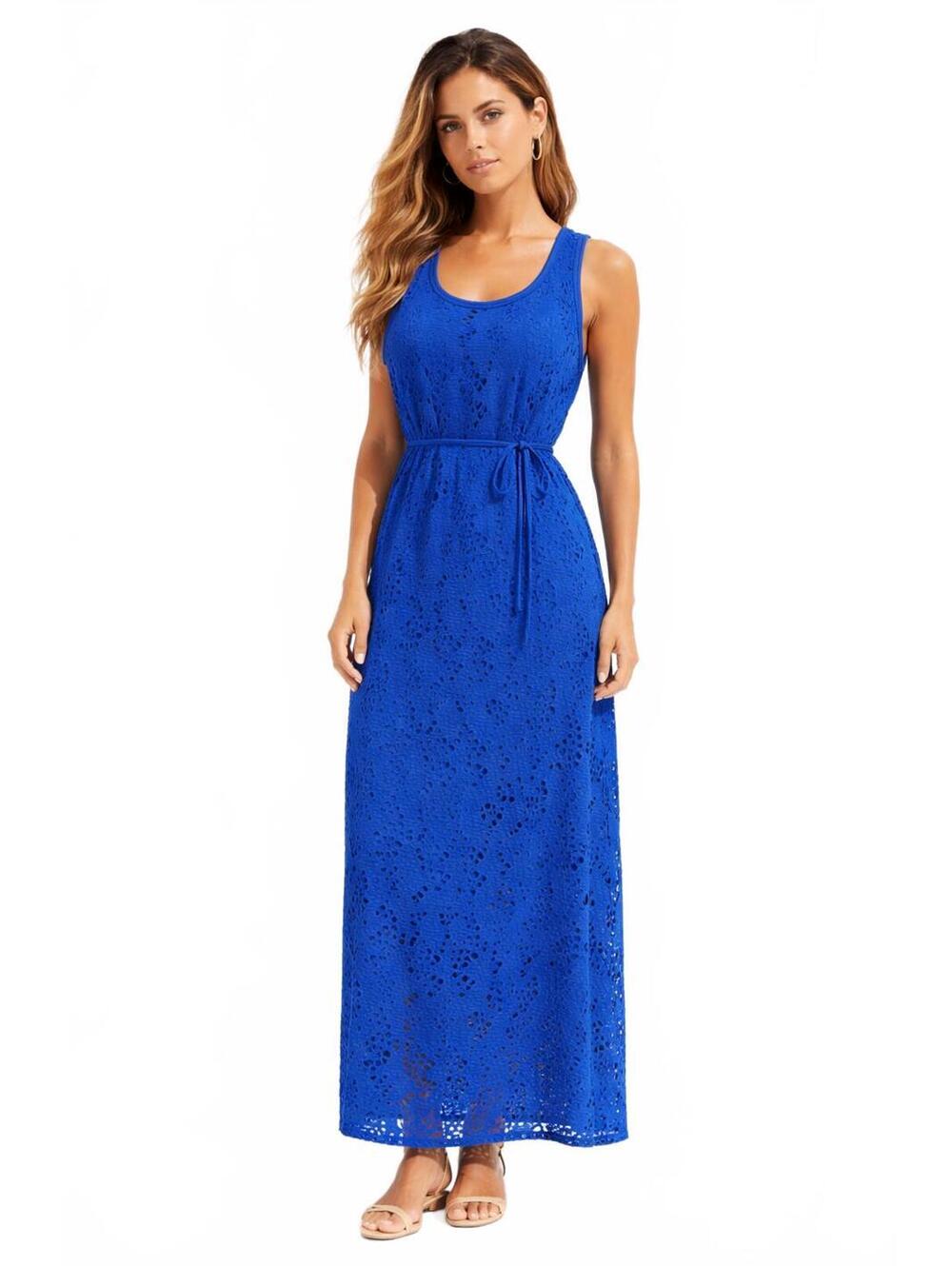 Madison Leigh Blue Lace Cutout Belted Maxi Dress S Elegant Fitted Lined